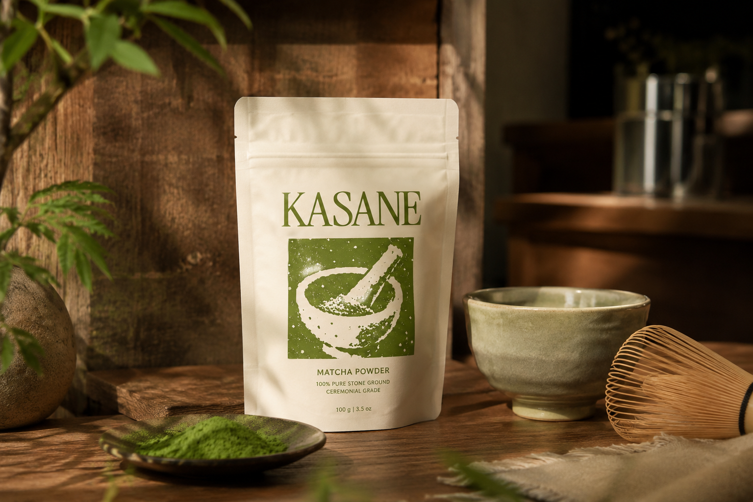 A Kasane matcha powder pouch on a wooden counter beside a chawan and chasen.