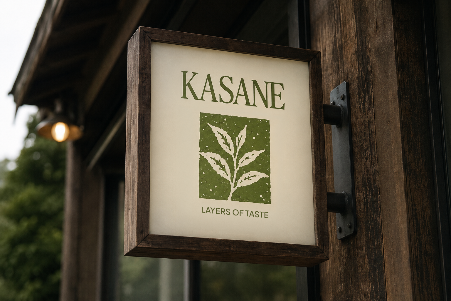 The Kasane hanging sign outside the shophouse at dusk.
