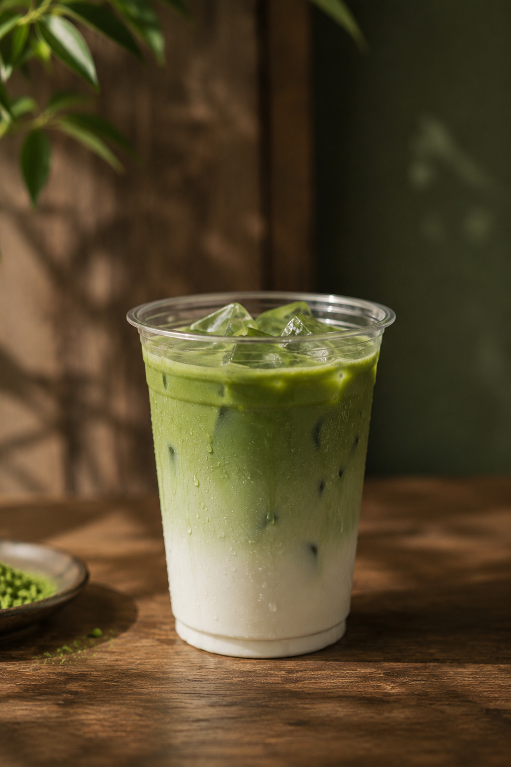 An iced Kasane latte on a wooden counter: ice on top, matcha over cold milk.