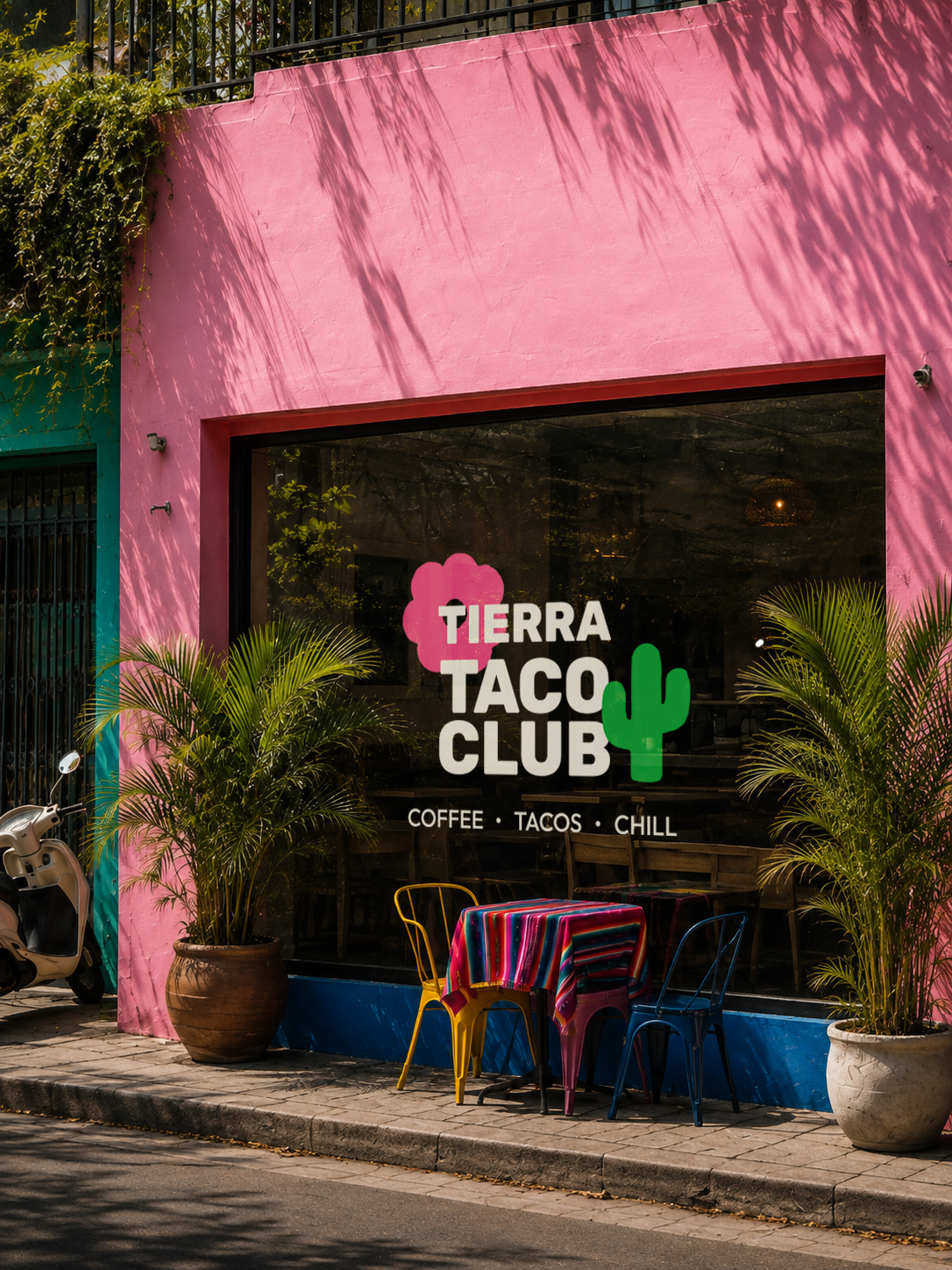 Pink storefront with the Tierra Taco Club logo